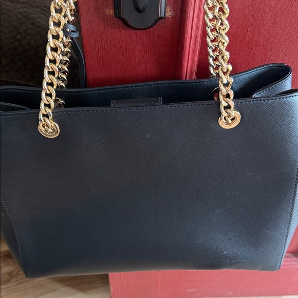 Michael Kors Black Leather Tote with Gold Chain Straps - Picture 2 of 5